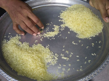 High angle view of person preparing food in bowl