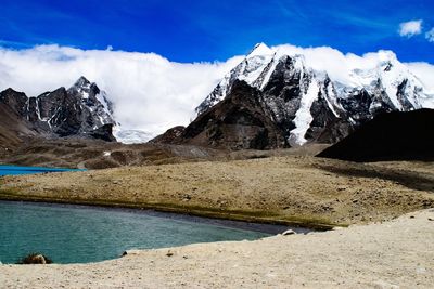 Scenic view of snowcapped mountains against blue sky, gurudongmar lake, sikkim 