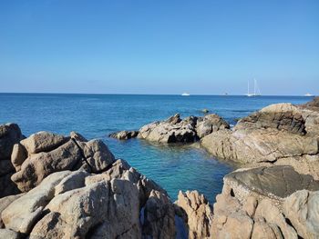 Panoramic view of sea against clear blue sky