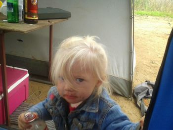 Portrait of cute boy sitting in kitchen