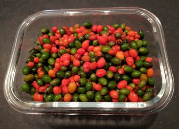 High angle view of fruits in container