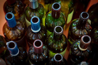 High angle view of various bottles