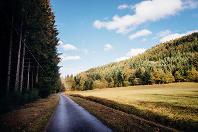 Empty road along trees and plants against sky