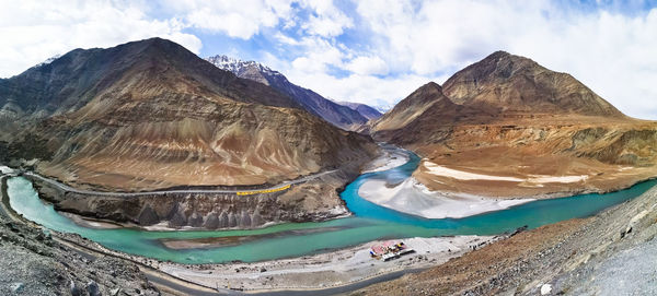 Panoramic view of snowcapped mountains against sky
