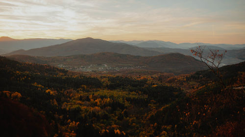 Scenic view of mountains against sky during sunset