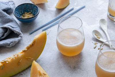 High angle view of drink on table