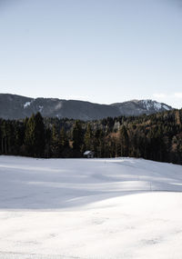 Scenic view of landscape against clear sky during winter