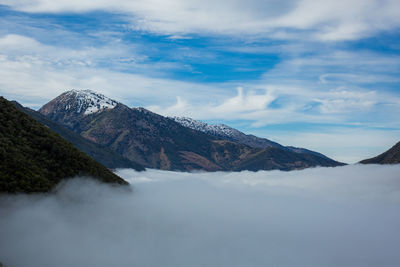 Scenic view of mountains against sky during winter