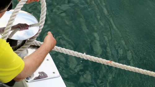 High angle view of hand holding boat sailing in sea