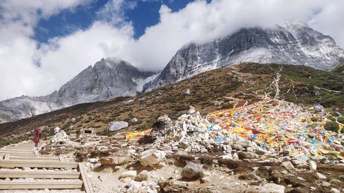 High mountain hiking along tibetan prayer flag