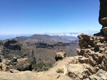 Scenic view of mountains against clear blue sky