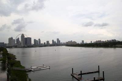 Buildings by river against sky in city