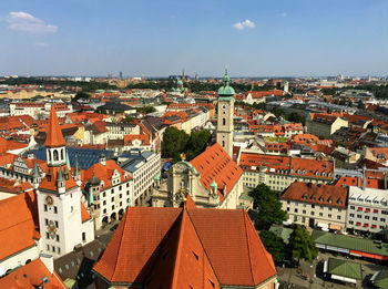 High angle view of buildings against sky