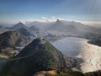 Scenic view of river by mountains in city against sky