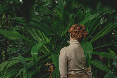 A beautiful plus size girl with red hair among the lush green branches of tropical plants. 