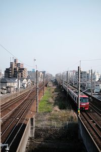 Train on railroad tracks against clear sky