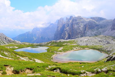 Scenic view of lake and mountains against sky