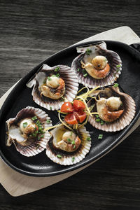 High angle view of food in plate on table