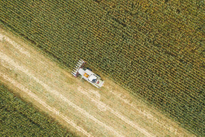 High angle view of tractor on field