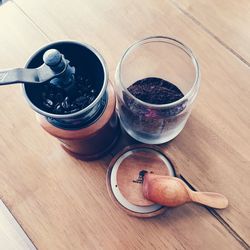 High angle view of drink on table