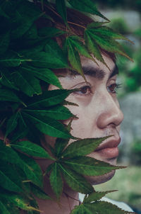 Close-up portrait of young man behind tree