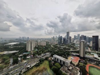 High angle view of buildings in city against sky