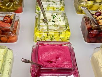 High angle view of ice cream in glass on table