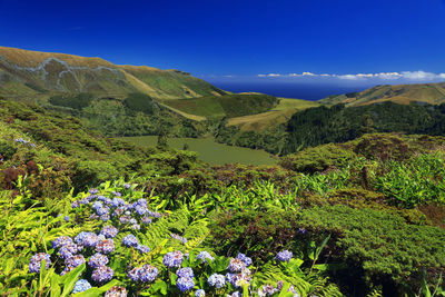 Scenic view of mountains against blue sky