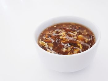 High angle view of soup in bowl