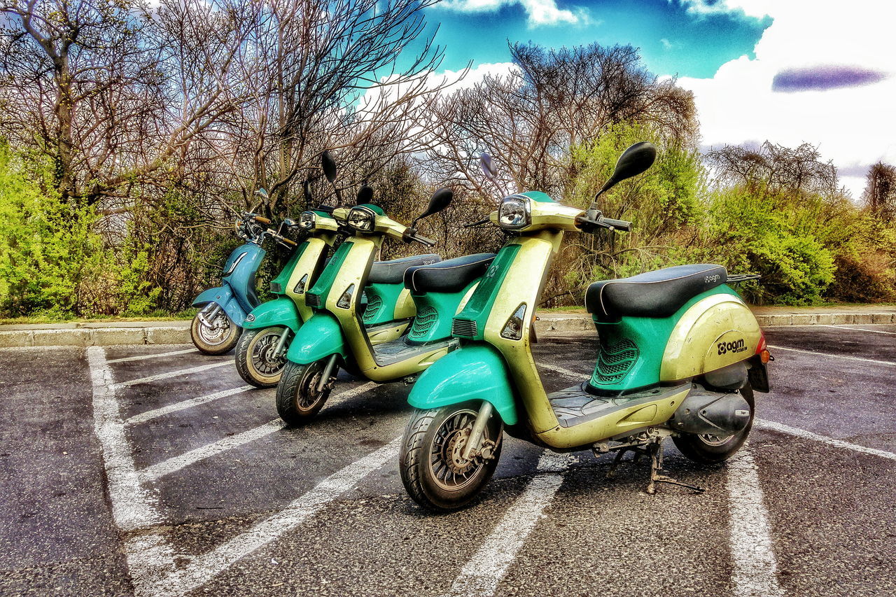 transportation, bicycle, mode of transport, land vehicle, stationary, parking, parked, tree, street, blue, day, sunlight, road, no people, outdoors, wheel, sky, absence, shadow, nature