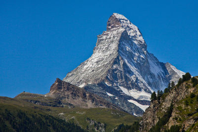 Scenic view of mountain against clear blue sky during winter