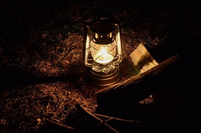 High angle view of illuminated lantern at night