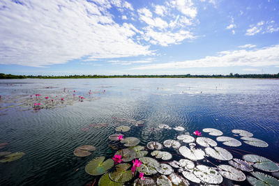 Scenic view of lake against cloudy sky