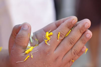 Close-up of hand holding autumn leaf