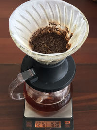 High angle view of coffee on table