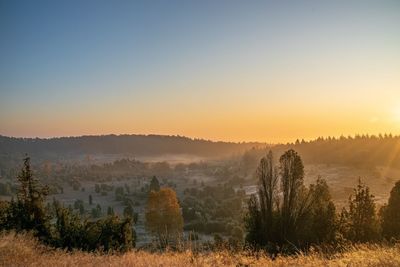 Scenic view of field against sky during sunset