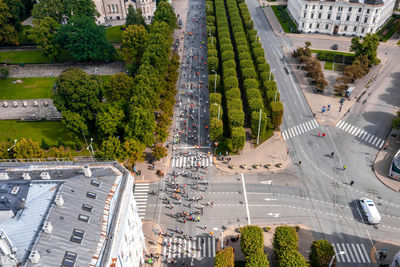 Aerial view of the people running marathon.