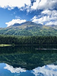 Scenic view of lake by mountains against sky