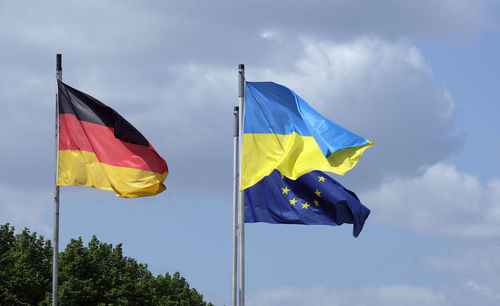 The flags of ukraine, germany, and the eu waving in the wind