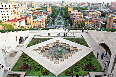 High angle view of people in city