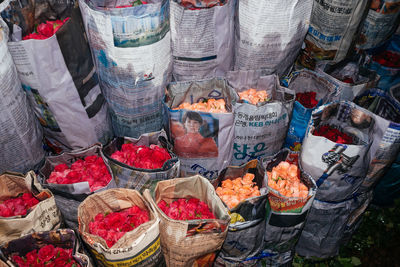 High angle view of vegetables for sale at market stall