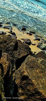 High angle view of rocks on beach