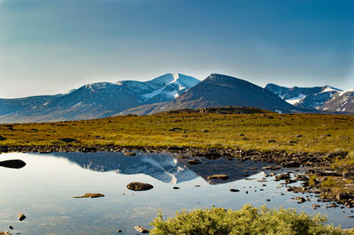 Scenic view of lake and mountains against clear sky