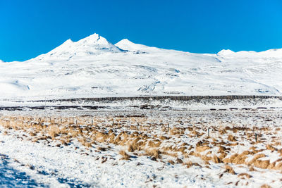 Scenic view of snowcapped mountains against clear sky