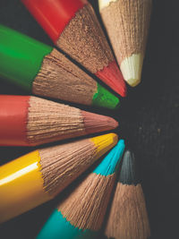Close-up of multi colored pencils on table