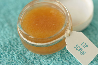 High angle view of drink in jar on table