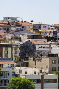 Buildings in city against clear sky