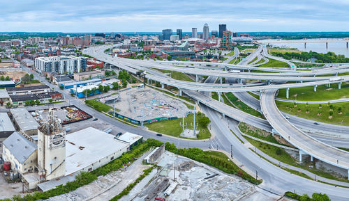 High angle view of cityscape against sky