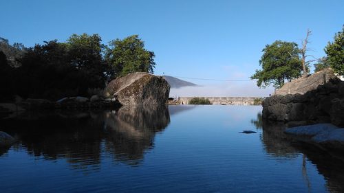 Scenic view of river against clear blue sky