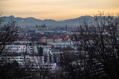 High angle view of townscape against sky at sunset